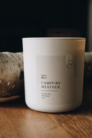 The Chandlerie's Campfire Weather  - a soy wax, wood wick candle in cream glass vessel