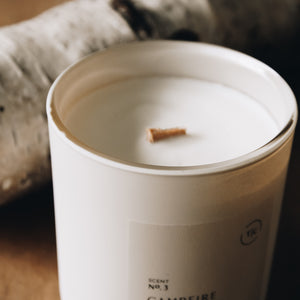 The Chandlerie's Campfire Weather  - a soy wax, wood wick candle in cream glass vessel