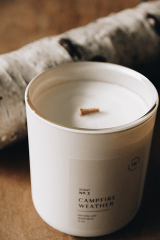 The Chandlerie's Campfire Weather  - a soy wax, wood wick candle in cream glass vessel