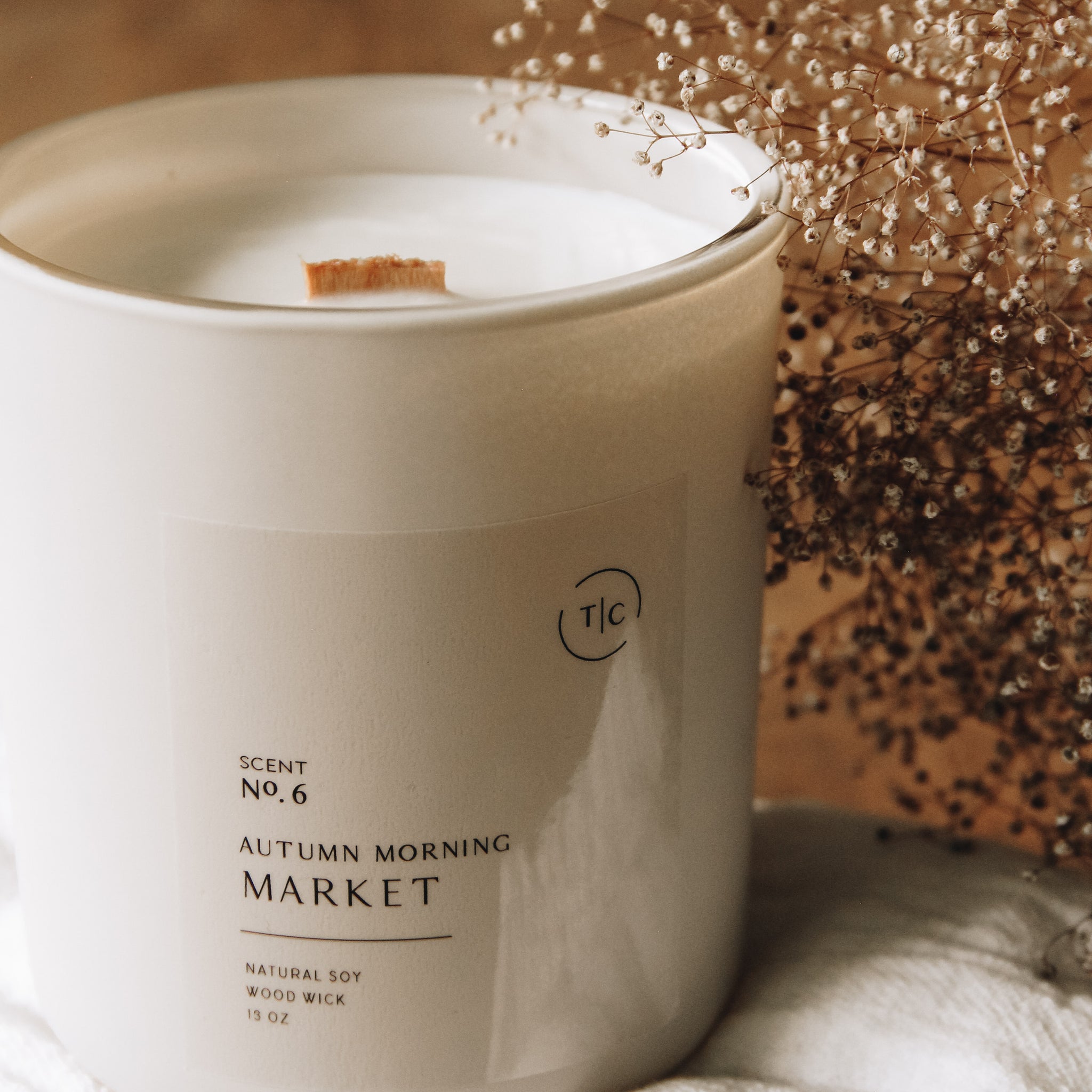 The Chandlerie's Autumn Morning Market  - a soy wax, wood wick candle in cream glass vessel