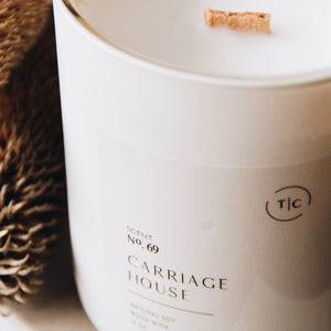 The Chandlerie's Carriage House  - a soy wax, wood wick candle in cream glass vessel