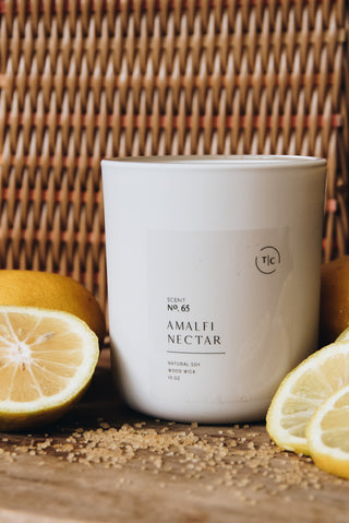 The Chandlerie's Amalfi Nectar - a soy wax, wood wick candle in cream glass vessel